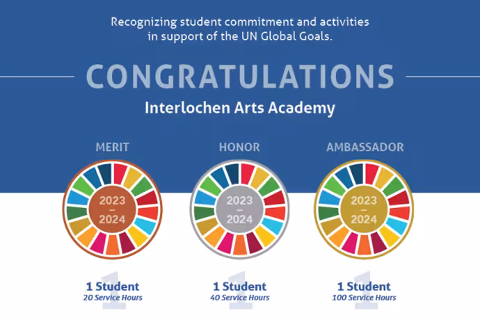 A graphic from the United Nations honoring Interlochen Arts Academy's Community Service Impact Award winners.