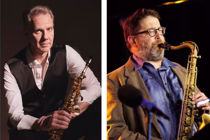 Portrait shots of Tim McAllister and Andrew Bishop with saxophones