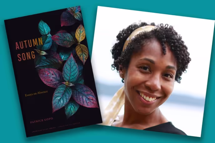 The cover art for "Autumn Song: Essays on Absence" and a headshot of author Patrice Gopo