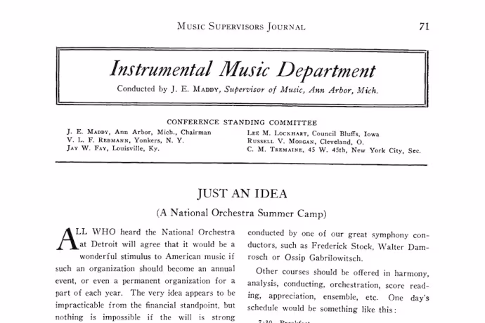Image of 1927 "Just an Idea" article in the Music Supervisor's Journal 