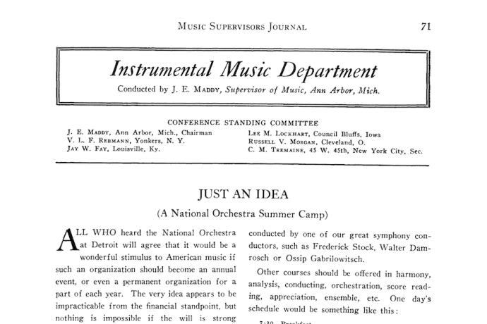 Image of 1927 "Just an Idea" article in the Music Supervisor's Journal 