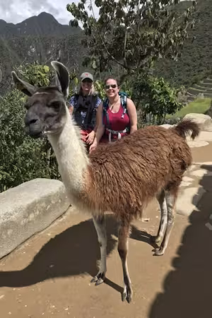 Dr. Hunt and a friend pose with a llama in front of tall green mountains.