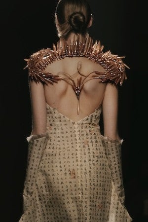A model is shown from behind, wearing a dress with Japanese characters collared with brown crystals.