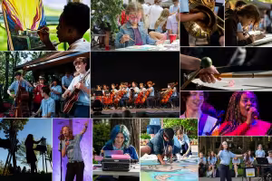 A mosaic of young people singing, painting, writing, playing instruments, and performing.