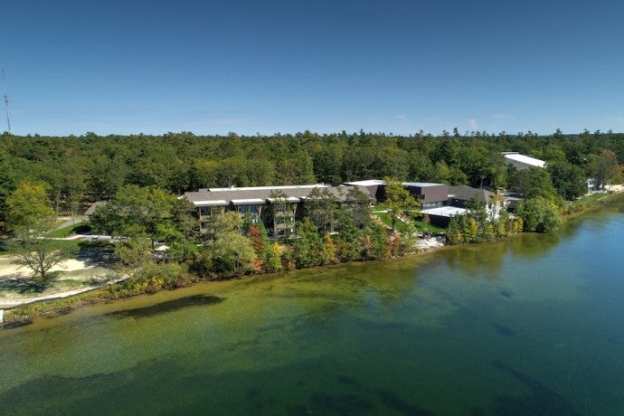 Drone shot of the Dow House at Interlochen Center for the Arts