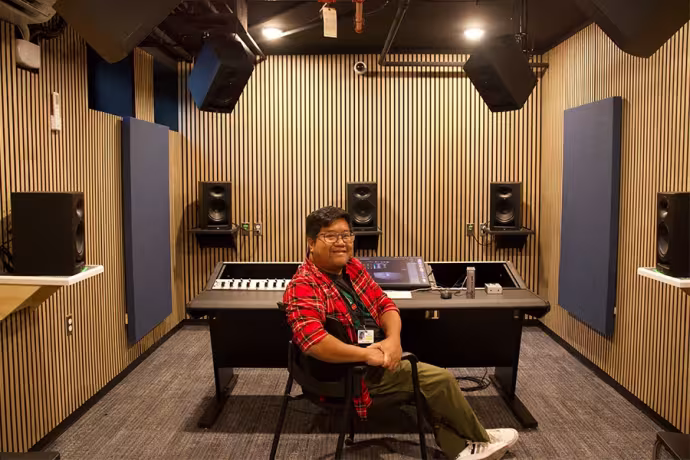 Director of Music Production & Engineering Marc Lacuesta sits at the interface in Interlochen’s new Dolby Atmos room.