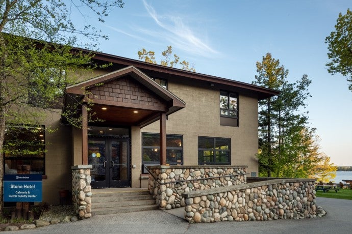 Exterior shot of the Stone Hotel building at Interlochen Center for the Arts