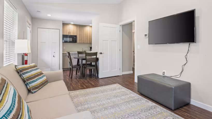 Penn Colony Suite living room and kitchen