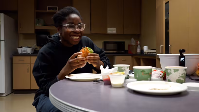 Grounded student eats Anavery burger