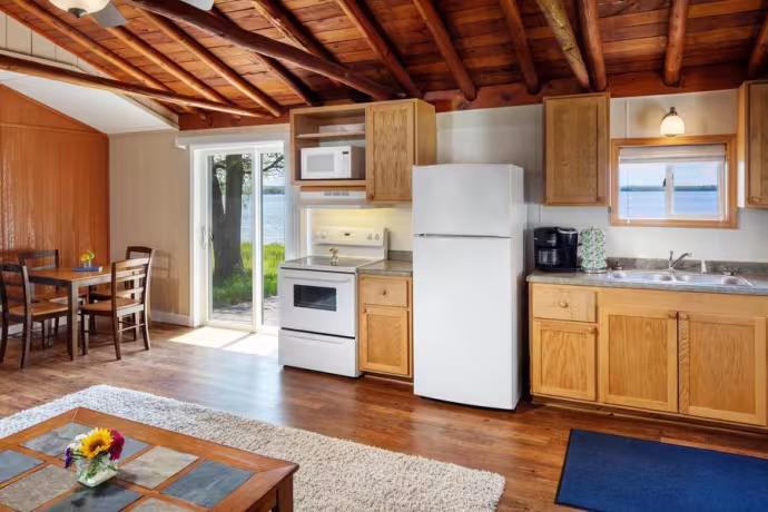 Living room / kitchen / dining room of one of the season cabins at Interlochen Center for the Arts