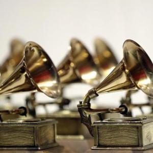 A group of golden gramophone trophies