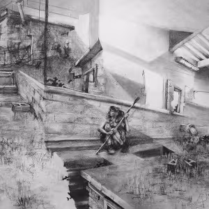 "Bricks, Buildings, and Hockeysticks," a drawing by Marlene Schwier