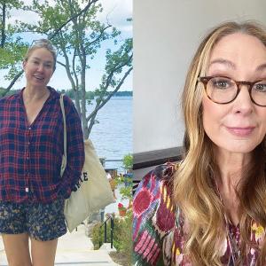 On the left, a blond woman wearing shorts and a red and blue plaid shirt stands in front of a lake with trees nearby. On the right is a portrait image of the same woman, who wears glasses and a multicolored patterned blouse.