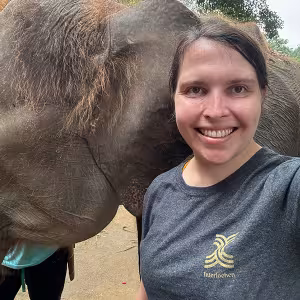 International Student Services Manager Kalyn Rabuse with an elephant