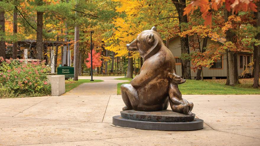 "Two Bears" bronze sculpture on the campus of Interlochen Center for the Arts